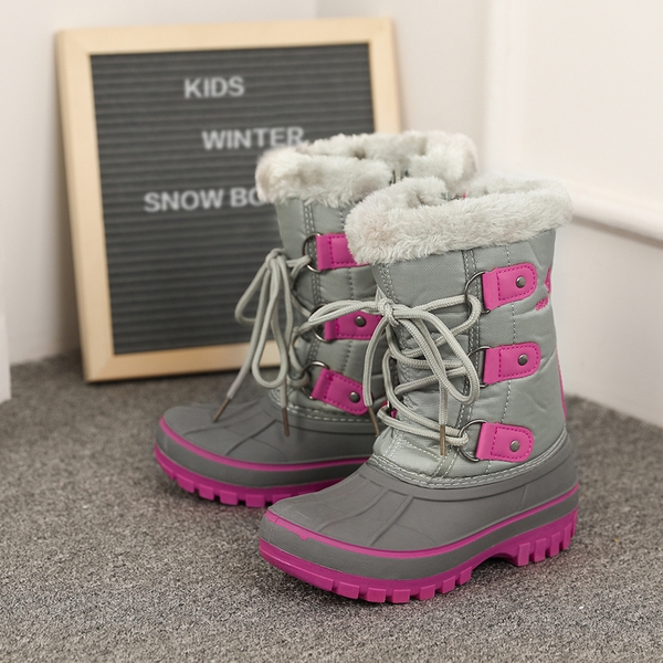 Girls and Boys Fur Lined Winter Snow Boots - GREY FUCHSIA - 5